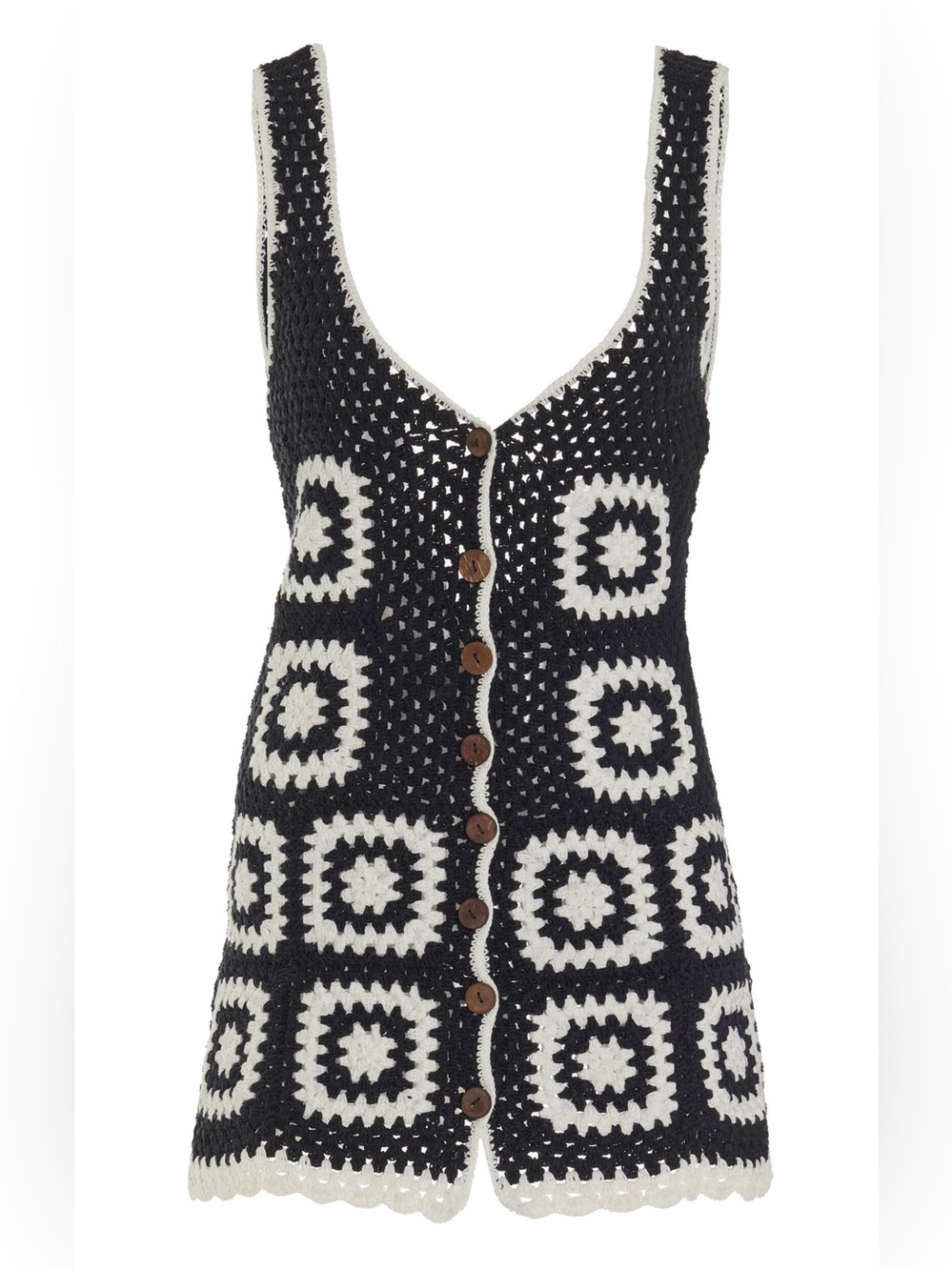 Akoia Swim Crochet Dress – Black & White Granny Square, Button Front, ML